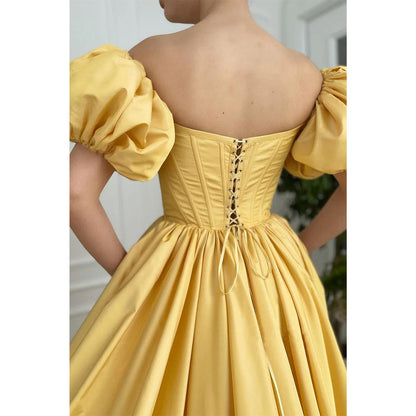 Strapless Short Sleeves Yellow Satin High Split Long Prom Dress with Pockets