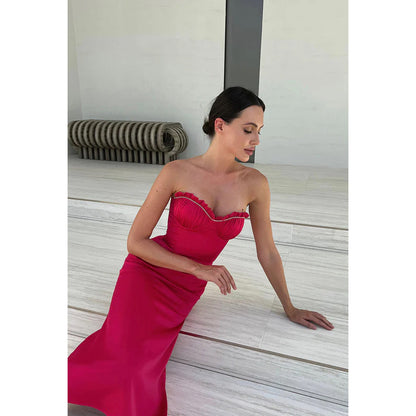 Sweetheart Strapless Sleeveless Beaded Ruched Satin Midi Evening Party Dress