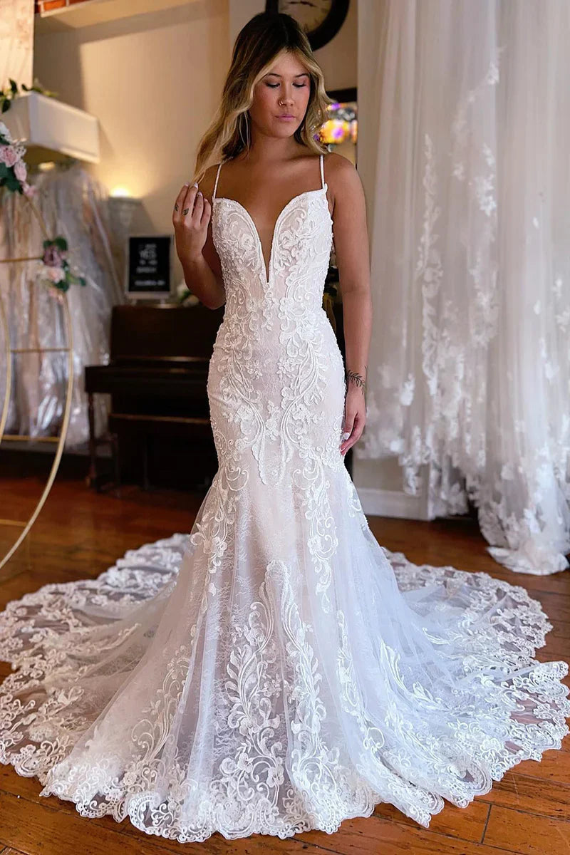 Wedding Dress Ivory Mermaid Spaghetti Straps Backless Long Lace