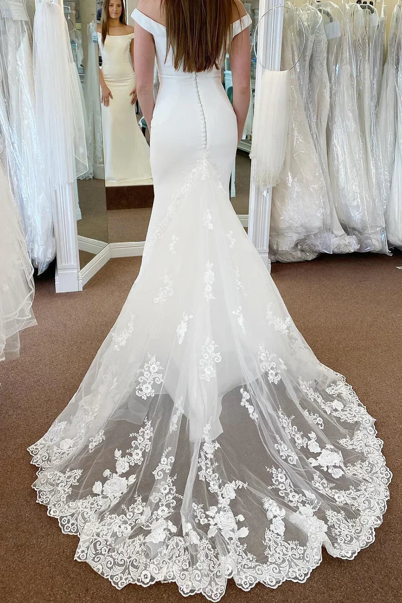 Wedding Dress White Off the Shoulder Long Mermaid with Lace Appliques