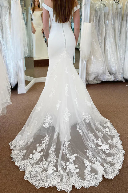 Wedding Dress White Off the Shoulder Long Mermaid with Lace Appliques