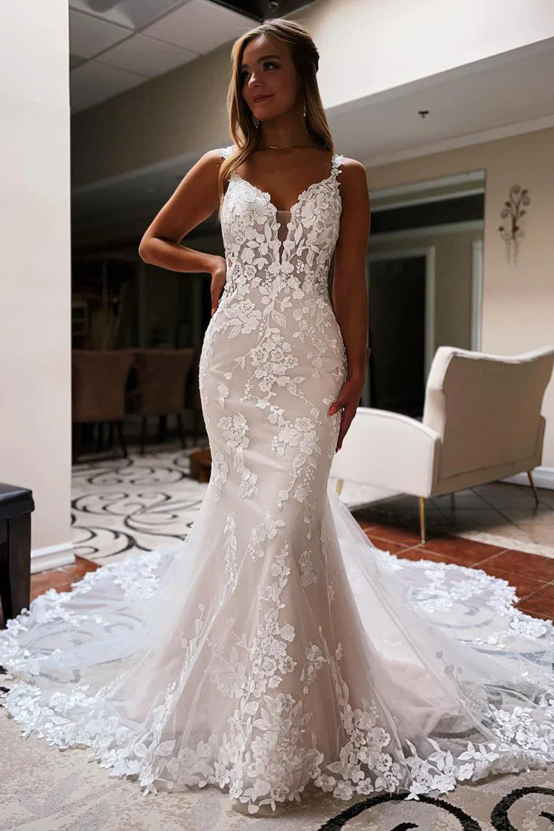 Wedding Dress Ivory Backless Sleeveless Lace Mermaid Long