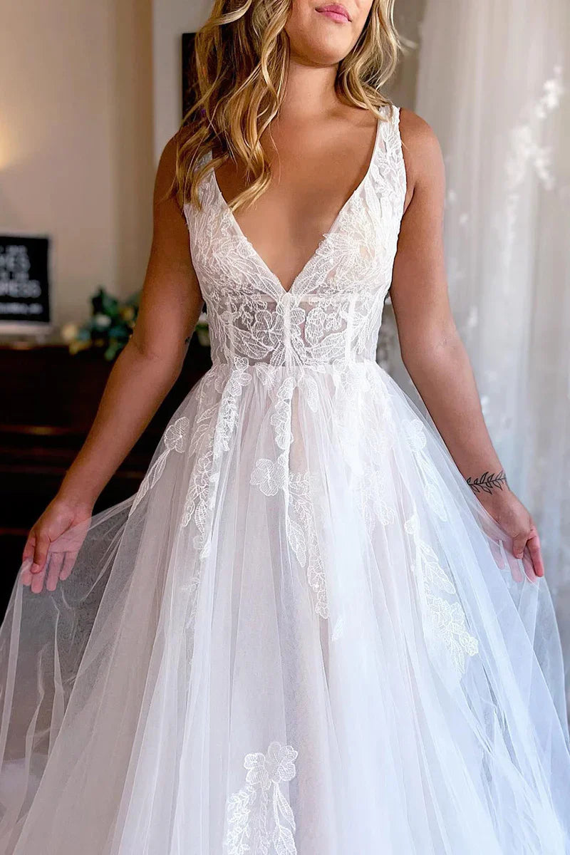 Wedding Dress A-Line Deep V-Neck Backless Long with Lace