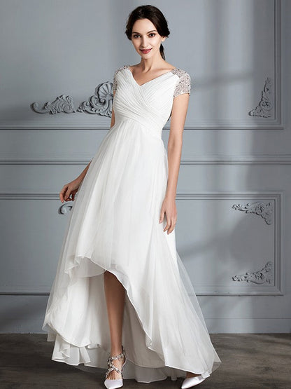 Wedding Dresses Princess V-neck Short Sleeves Asymmetrical Tulle