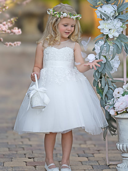 Lace Tulle Knee-length First Communion Flower Girl Dress