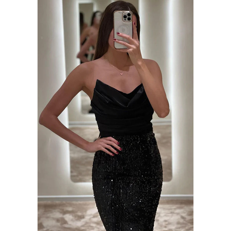 V-Neck Strapless Ruched Sequined Satin Sheath Long Prom Evening Gown