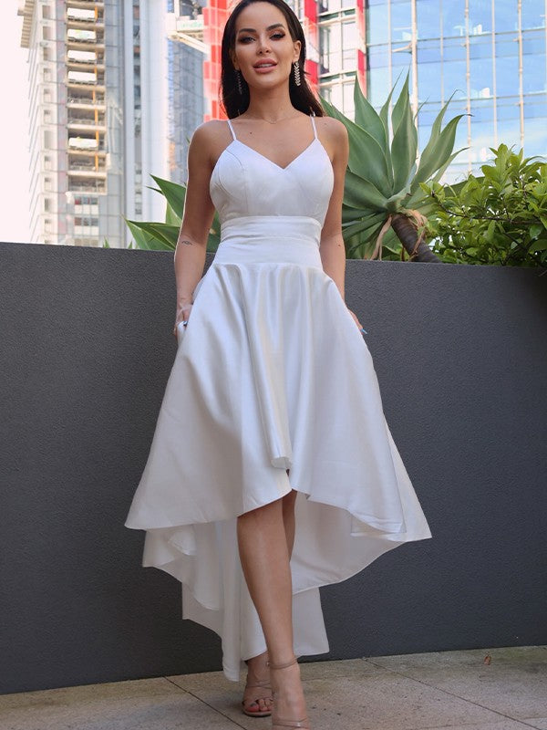 Wedding Dresses A-Line/Princess Satin Ruched V neck Sleeveless Asymmetrical