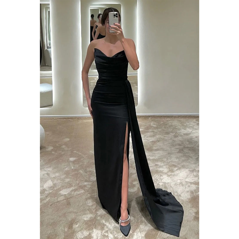 Chic & Modern Strapless Simple Pleats Slit Long Formal Evening Dresses