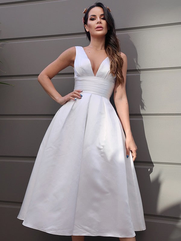 Wedding Dresses A-Line/Princess Satin Ruched V-neck Sleeveless Length