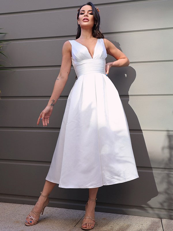 Wedding Dresses A-Line/Princess Satin Ruched V-neck Sleeveless Length