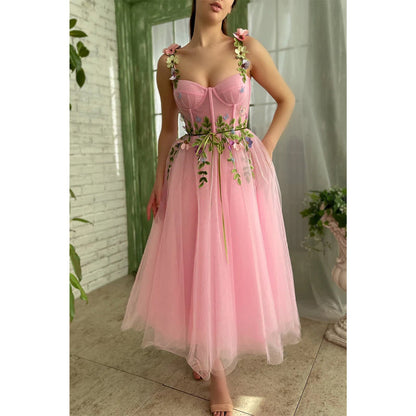 Spaghetti Straps Sweetheart 3d Appliques Pink Prom Dress with Pockets