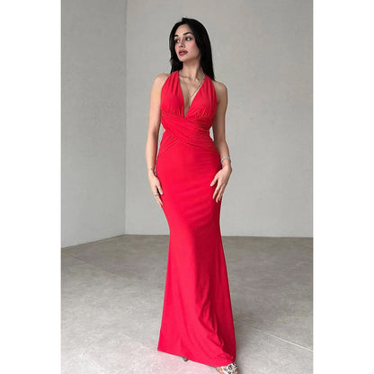 Simple & Casual Sheath/Column V-neck Sleeveless Halter Criss-Cross Straps Prom Dress