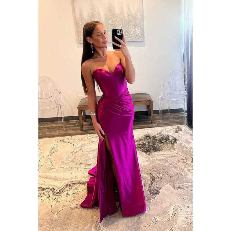 Strapless Ruched Satin Sheath Long Prom Evening Dress with Slit