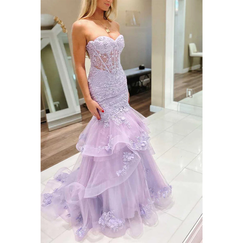 Trumpet Sweetheart Lace Applique with Tulle Train Party Prom Evening Dress