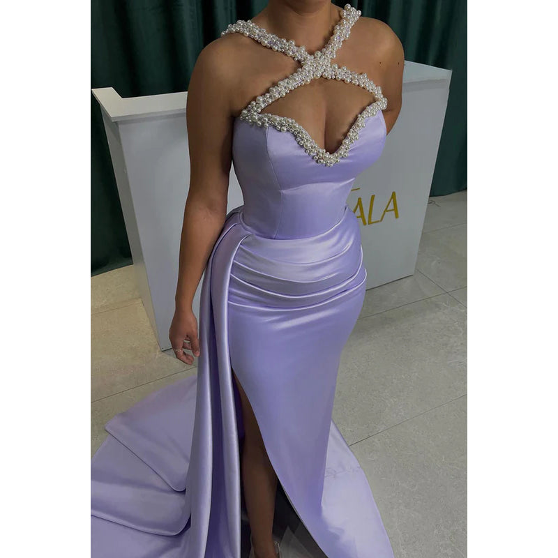 Elegant & Luxurious Pearl Halter Sleeveless Ruched Slit Sheath Prom Dress