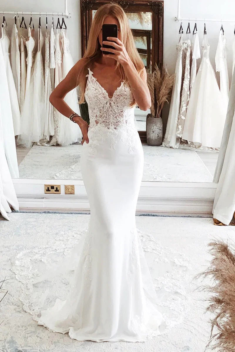 Wedding Dress Mermaid Lace Long Backless with Button