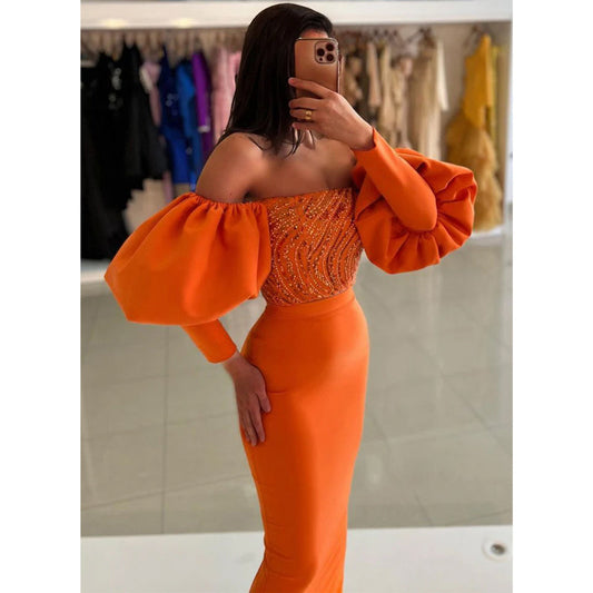 Chic & Sheath Off-shoulder Beaded Orange Puff Sleeves Long Gown Formal Dress