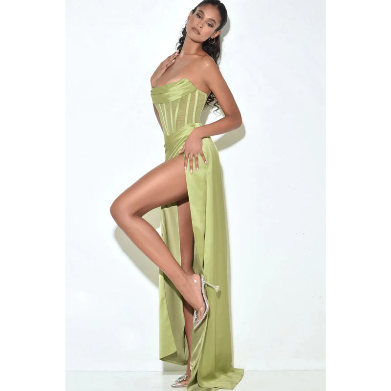 Strapless Satin Pleated Split Long Prom Dress Green Bridesmaid Dress