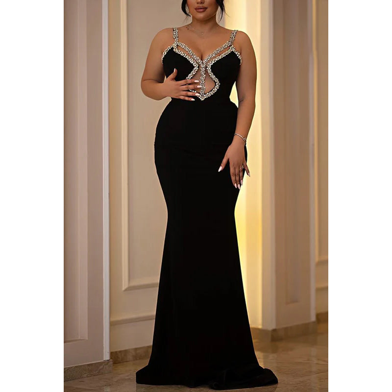 Elegant & Luxurious Rhinestones V-Neck Trumpet Evening Party Prom Dress