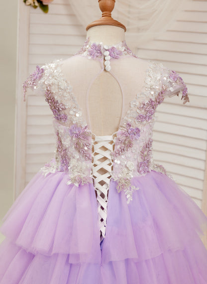 Lilac Tulle Princess Ball Gown with Floral Appliques and Beading for Girls