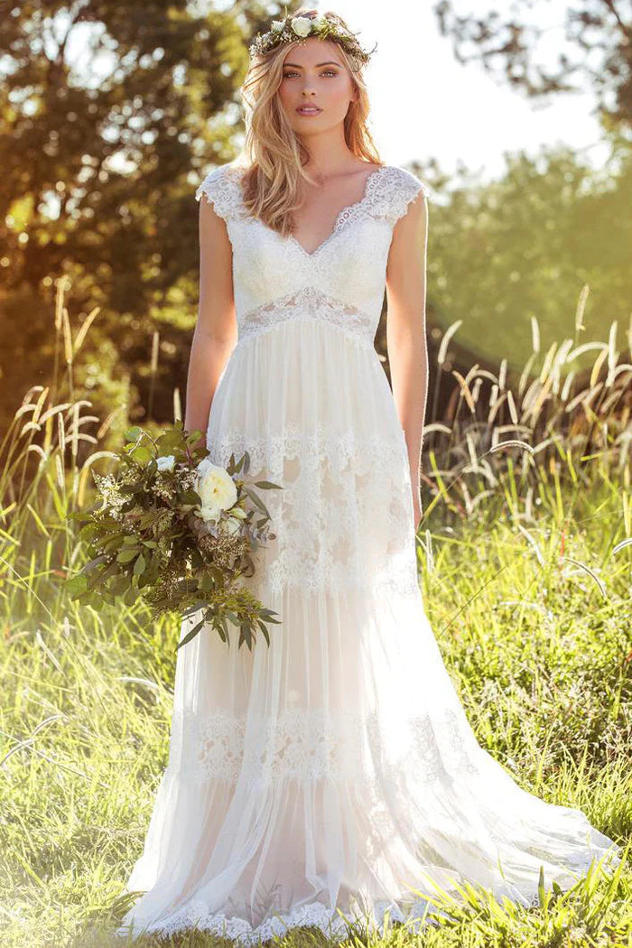 Wedding Dress V-Neck Long Cap-Sleeve Appliqued Lace Tulle