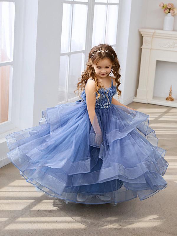 Slate Blue A-Line Princess Sleeveless Tulle Flower Girl Dress