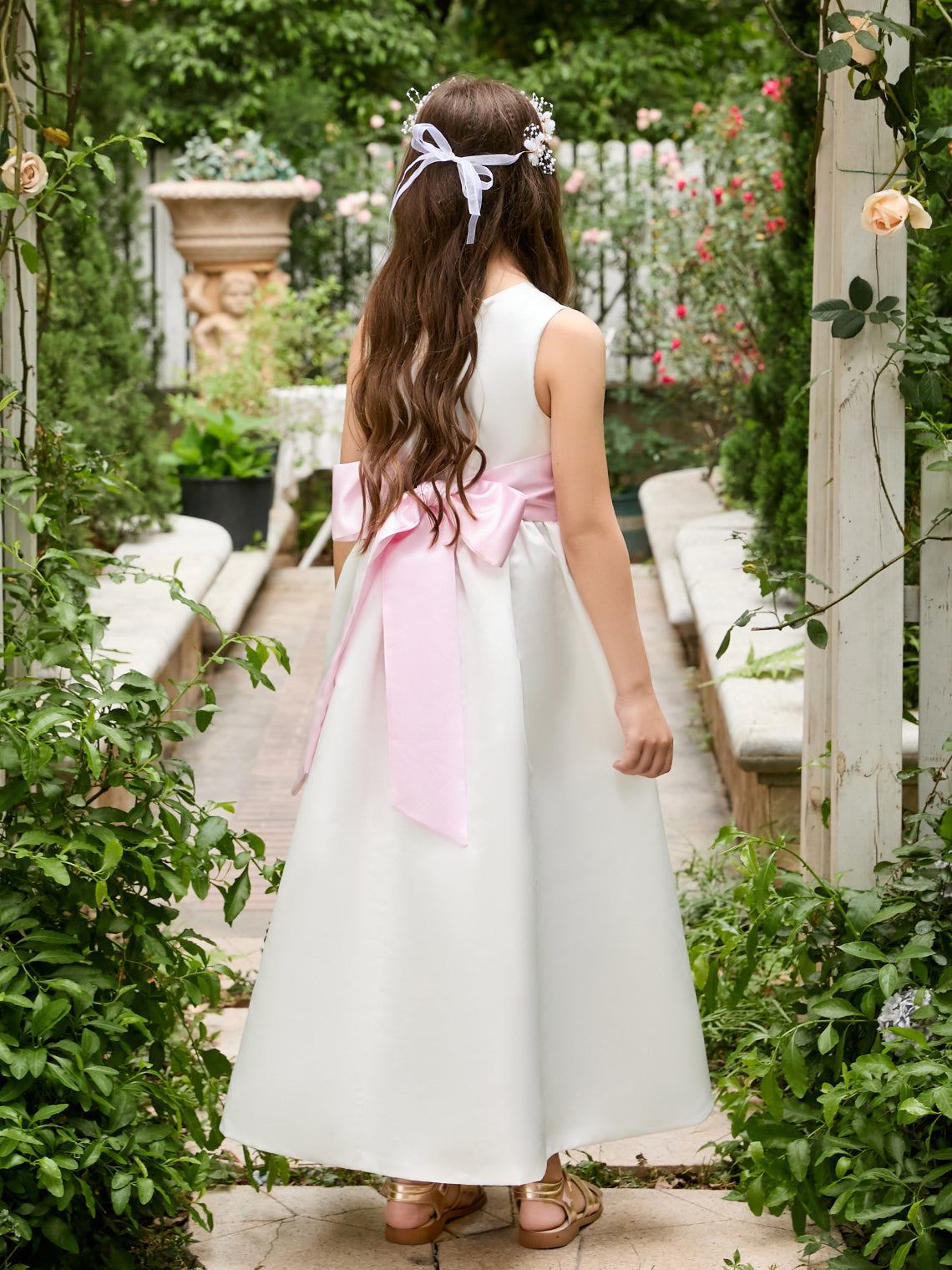 Ivory Satin Flower Girl Ball Gown with Sash Bow | Ankle-Length Tulle Dress (010007314)