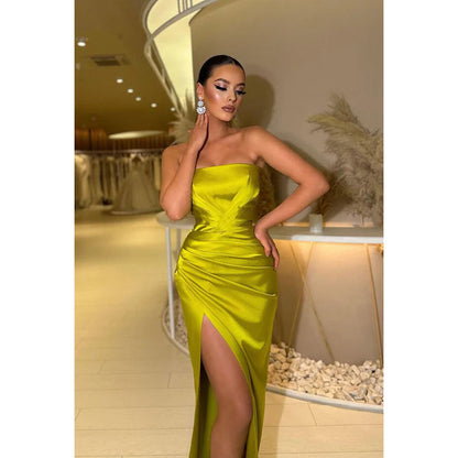 Strapless Ruched Satin Sheath Long Prom Evening Gown With Thigh Slit