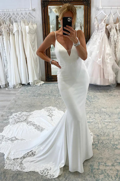 Wedding Dress White Spaghetti Straps Long Mermaid with Lace