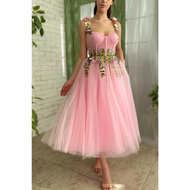 Spaghetti Straps Sweetheart 3d Appliques Pink Prom Dress with Pockets