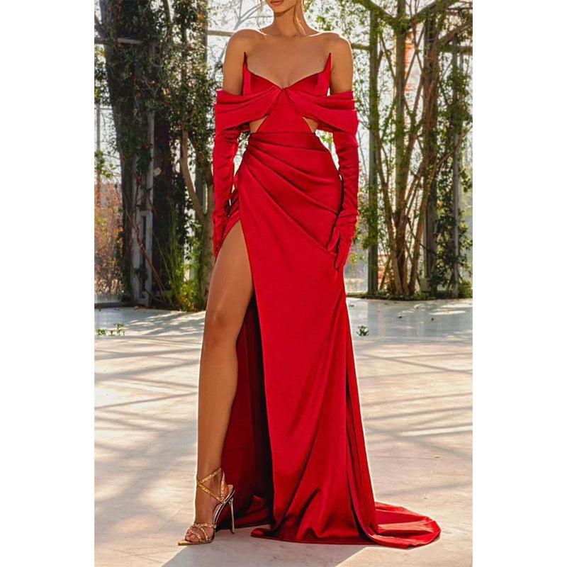 Sexy V Neck Satin Pleated Side Slit Red Long Formal Evening Gowns