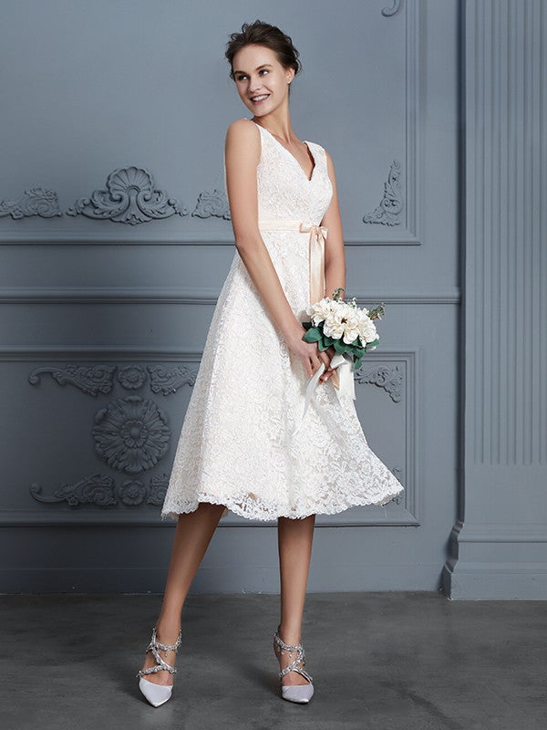 Wedding Dresses Princess V-neck Sleeveless Knee-Length Lace