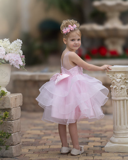 Elegant Knee-Length Pink Flower Girl Dress with Floral Appliques