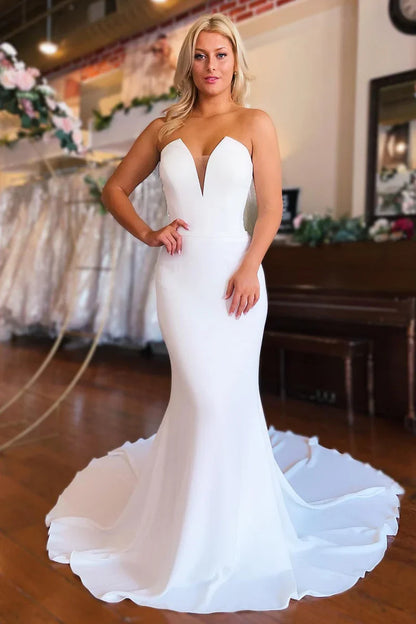 Wedding Dress Simple White Mermaid Satin Long Sleeveless