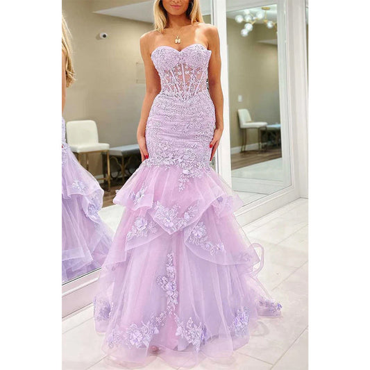 Trumpet Sweetheart Lace Applique with Tulle Train Party Prom Evening Dress