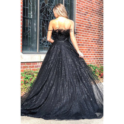 Strapless Feathers A-line Black Prom Dress Glitter