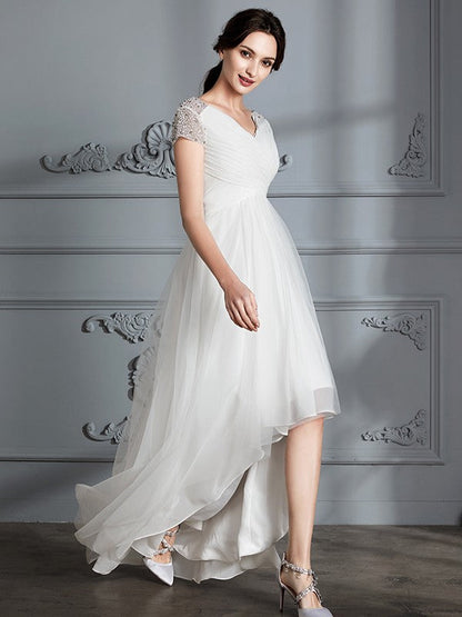 Wedding Dresses Princess V-neck Short Sleeves Asymmetrical Tulle