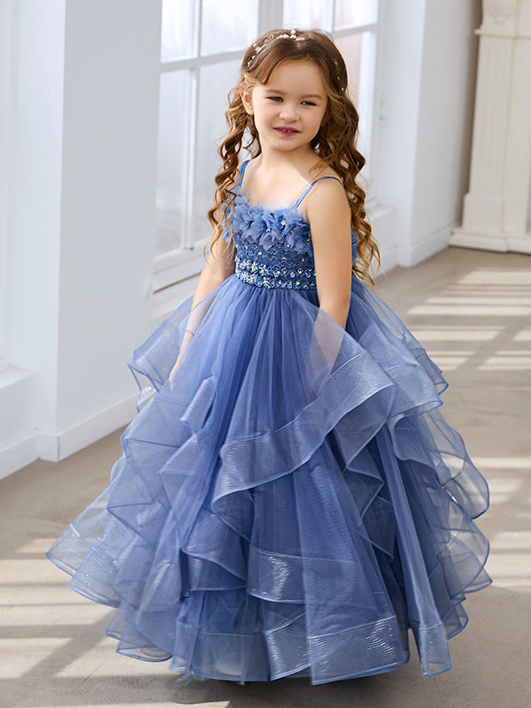 Slate Blue A-Line Princess Sleeveless Tulle Flower Girl Dress