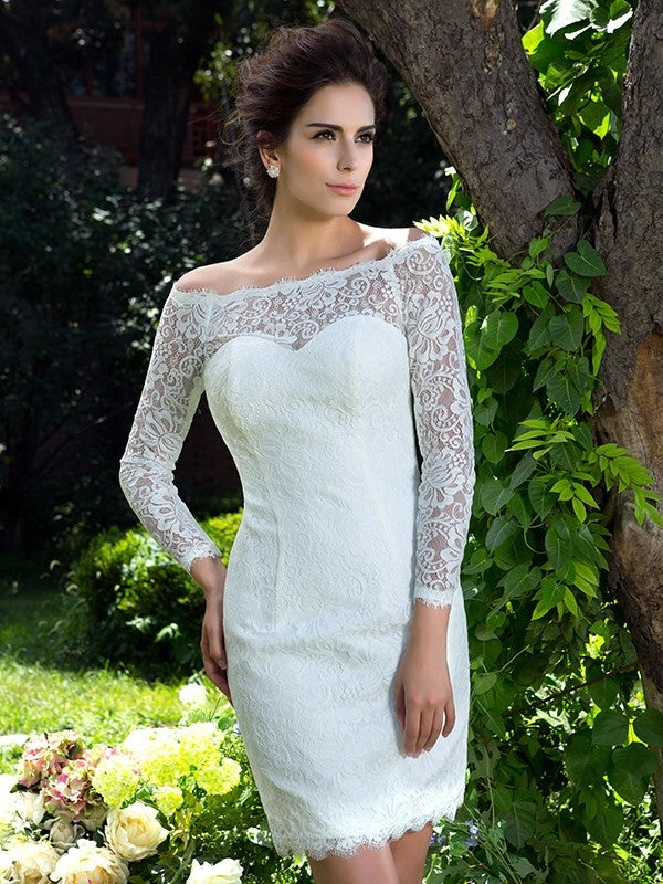 Wedding Dresses Column Scoop Long Sleeves Short Lace