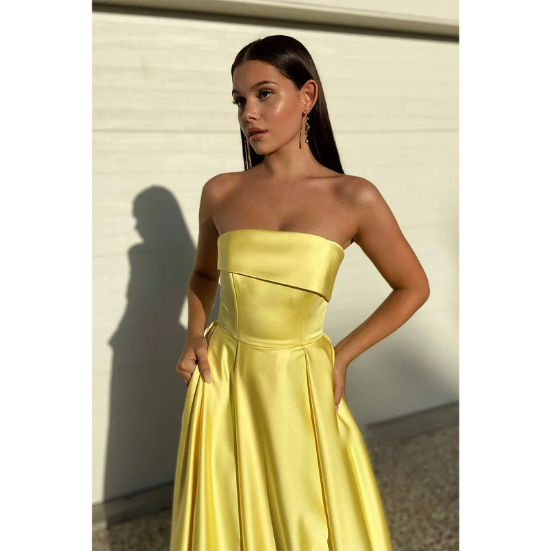 Strapless Yellow Satin High Split Long Prom Dress with Pockets