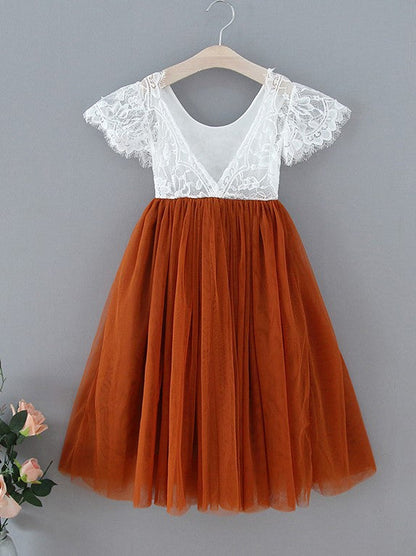 Lace Ankle-length Burnt Orange Boho Flower Girl Dress