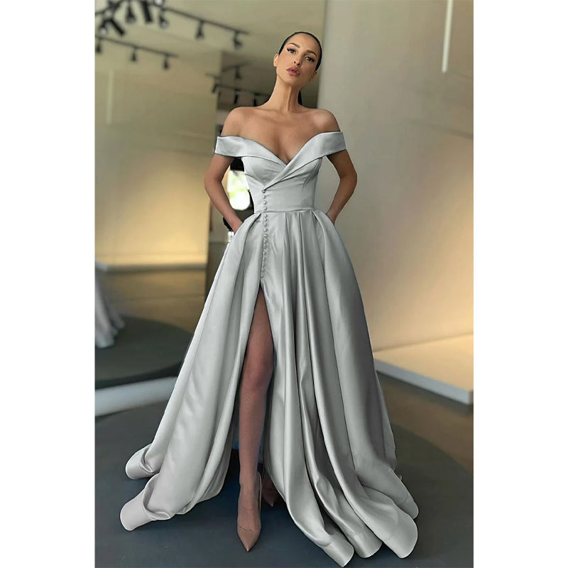 Unique Off Shoulder Satin Split A-line Lone Prom Dress with Pockets