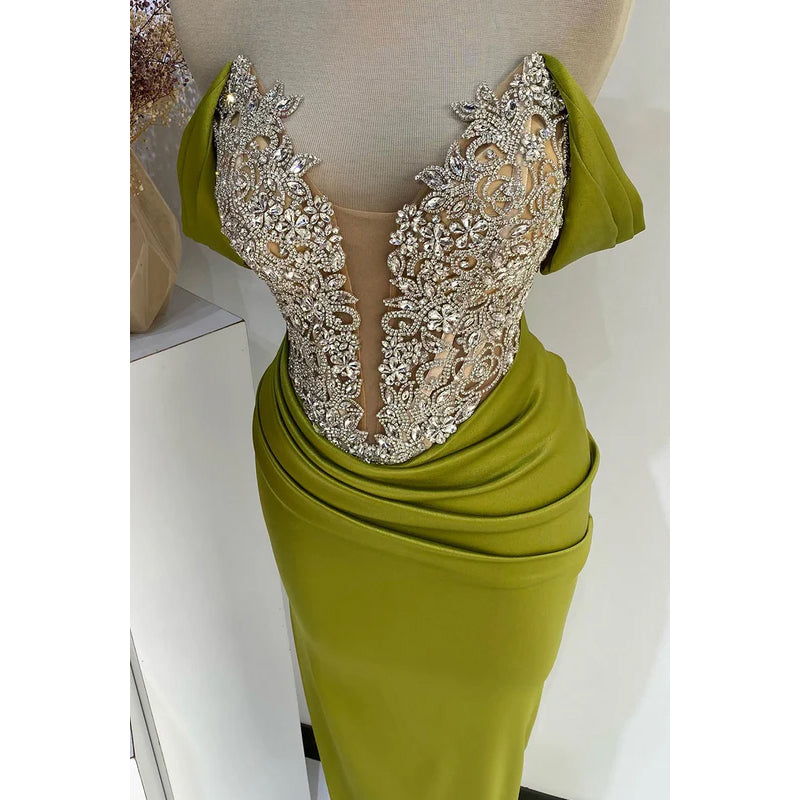 Glamorous & Dramatic V-neck Cap Sleeves Ruched Rhinestones Party Prom Dress