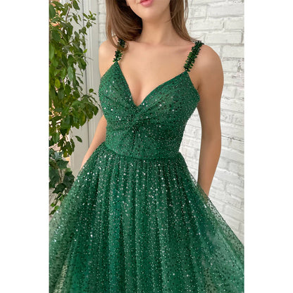 Vestido de fiesta largo con tirantes finos, lentejuelas y bolsillos brillantes de color verde para mujer