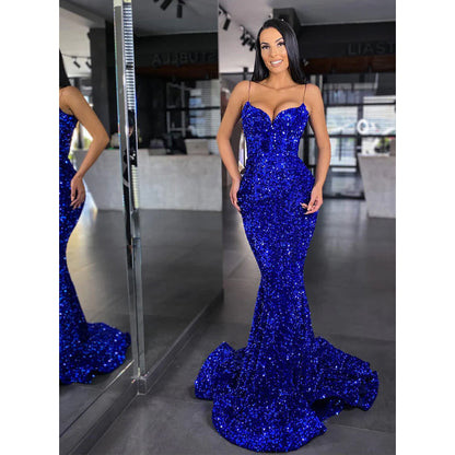 Spaghetti Straps Sequins Mermaid Long Prom Dress Glitter