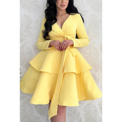 V-Neck Long Sleeves Ruched Satin A-Line Mini Evening Dress With Ruffles