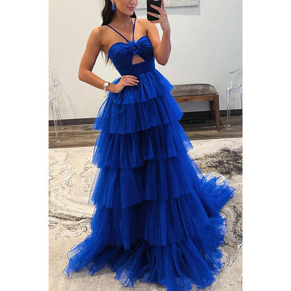 Tulle A-line Halter Empire Tiered with Train Party Prom Evening Dress