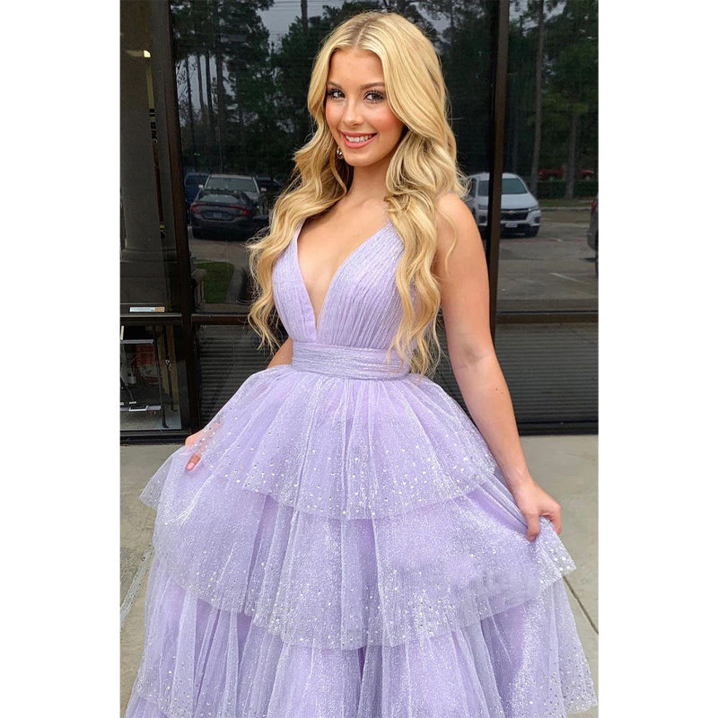 Sparkly Lilac V-neck Ball Gown Long Prom Dress Evening Gowns