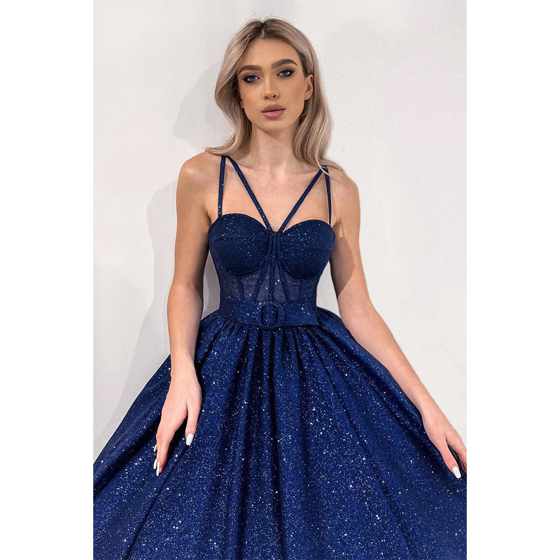 Spaghetti Straps A-line Sparkly Prom Dress with Pockets