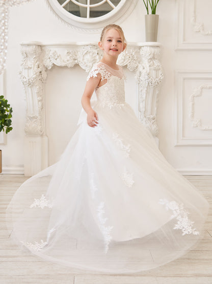 Ivory Detachable Train Princess First Communion Flower Girl Dress